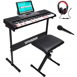 Bakaji Tastiera Musicale Pianola Elettronica 61 Tasti Luminosi Pianoforte Multifunzione con Supporto Sgabello e Cuffie 255 Ritmi Ingresso AUX e Leggio