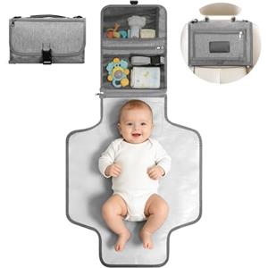 VINATO Fasciatoio Portatile Neonato, Fasciatoio Neonato Pieghevole con Tasca Salviettine Umidificate, 70x56 cm, con 5 Tasche, Pratico Impermeabile e Lavabile per Viaggio (Gris)
