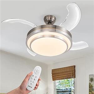 BAKAJI Ventilatore Lampadario da Soffitto 4 Pale retrattili con Lampada in Vetro Satinato 3 Velocità e Telecomando per Comando a Distanza Diametro 106 cm Colore Silver e Pale trasparenti
