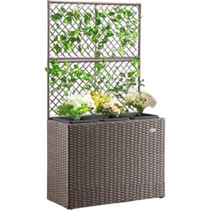 BAKAJI Fioriera da esterno con spalliera in polyrattan, 3 Vasi Removibili Contenitori per Piante, Traliccio da Esterno con grigliato ideale x Giardino, Balcone, Terrazzo, Pianta Rampicante (Marrone)