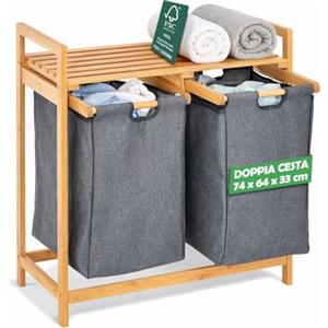 Bakaji Cesto Biancheria Sporca in Bambu Doppia Cesta in Tessuto Grigio, Portabiancheria da Casa, Bagno Con 2 Scomparti, Contenitore Salvaspazio Antiodore (74 x 64 x 33 cm)