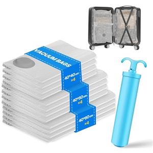 Vacbird Sacchetti Sottovuoto per Vestiti da Viaggio con Pompa Manuale, Set di 12 Sacchetti Sottovuoto per la Conservazione e Organizzazione dei Vestiti, Sacchetti Sottovuoto Salvaspazio per Indumenti