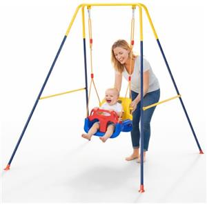 BAKAJI Altalena 3 in 1 per Bambini da Giardino, Resistente con Struttura in Acciaio e 4 Sacchi di Sabbia per Fissaggio Al Terreno, Sediolino con Cinture di Sicurezza e Schienale, Indoor/Outdoor