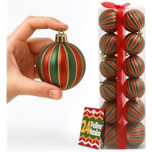 BAKAJI Box Palline di Natale per Albero, Sfere Natalizie Addobbo Rosso e Verde Doppio Colore, Decorazione Natalizia Multicolore in Plastica Dura, Palla Ornamento Alberello (24 Pezzi - Diametro 6 cm)