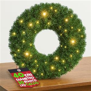 BAKAJI Ghirlanda Natalizia Verde con LED Bianco Caldo, Corona Addobbo di Natale Luminoso per Interni ed Esterni, Decorazioni Natalizie Luminose Fuoriporta, Sopra Camino, Versatile (40 cm)