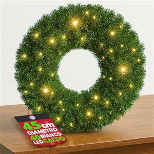 BAKAJI Ghirlanda Natalizia Verde con LED Bianco Caldo, Corona Addobbo di Natale Luminoso per Interni ed Esterni, Decorazioni Natalizie Luminose Fuoriporta, Sopra Camino, Versatile (45 cm)