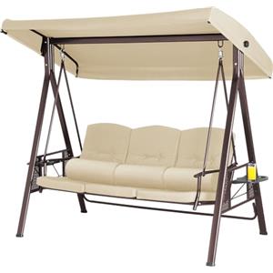 Bakaji Dondolo Da Giardino 3 Posti con 3 Cuscini Tetto Parasole Regolabile e Vassoi Pieghevoli Struttura in Metallo Seduta in Tessuto con Maxi Imbottitura 8cm (Beige)