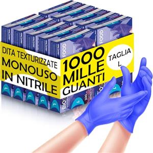 BAKAJI 1000 x Guanti Nitrile Monouso Colore Blu Cobalto, Senza Polvere e Lattice, Ipoallergenici, Bio Soft, Dita Texturizzate, Adatto all'Uso Medico, Alimentare, Cucina, Casa, Pulizie (L)