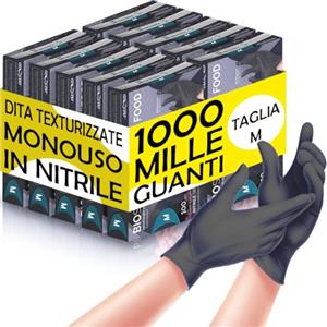 BAKAJI 1000 x Guanti Nitrile Monouso Colore Nero, Senza Polvere e Lattice, Ipoallergenici, Bio Soft, Dita Texturizzate, Adatto all'Uso Medico, Alimentare, Cucina, Casa, Pulizie (M)