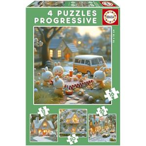 Educa - Puzzle Progressivo La Città dei Conigli | 4in1 Progressivo 12/16/20/25 pezzi | Conigli, Bambini | dai 3 anni (20217)