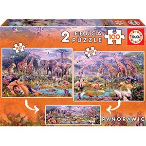 Educa - Puzzle Animali Selvatici | 2x100 pezzi Puzzle Panorama | Animali, Tierpuzzle Bambini | dai 6 anni (18606)