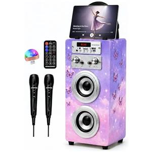 DYNASONIC Macchina Karaoke Portatile con 2 Microfoni, Speaker Bluetooth con Luci LED, Lettore USB e SD, Perfetta come Regalo per Bambini