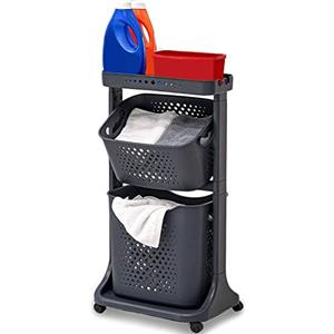 Shally Dogan Carrello Portabiancheria con ruote, 2 Ripiani Multifunzione, Carrellino Salvaspazio, completo di Cesta Biancheria estraibile, Cestello Basculante, Ripiano portaoggetti superiore (Grigio)