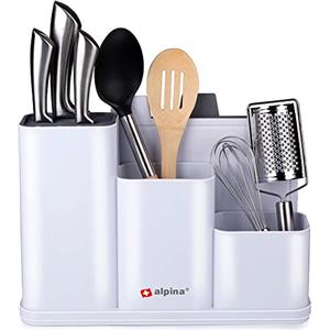 BAKAJI Organizer da Cucina in Plastica Dura, Portamensoli Coltelli e Posate Colore Bianco con 2 Taglieri, Dimensioni 34 x 13 x 23 cm, Lavabile in Lavastoviglie, Portautensili con Fori di Scolo Acqua