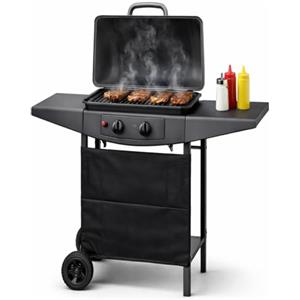 BAKAJI Barbecue a Gas 2 Fuochi Bruciatori Griglia BBQ con doppio Piano Laterale Ruote e Ripiano Inferiore Grill 5kw Area di Cottura 44 x 32 cm per uso Esterno Giardino Terrazzo (Barbecue)