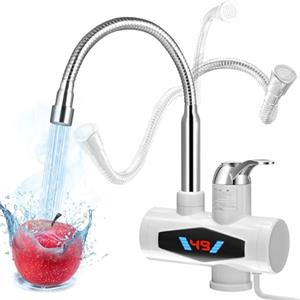 comeder Rubinetto Miscelatore Elettrico con LCD Display, 220V 3000W Scaldabagno Elettrica Istantaneo 30-60°C, Tankless Rubinetto Lavello Girevole a 360° per Cucina Doccia Bagno Campeggio