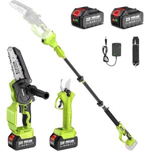 Supstable Motosega a Batteria Telescopica 6 Pollici & 33 mm Forbice Potatura a Batteria, 4 in 1 Kit Motosega e Forbici con 8000 mAh Batterie, Asta Telescopica 4,8 m, Regolazione Catena Senza Attrezzi