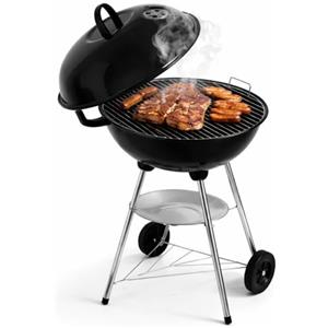 BAKAJI Barbecue a Carbone Tondo con Ruote e Vassoio in Acciaio per Raccolta Ceneri, BBQ a Carbonella Diametro 44 cm Griglia e Coperchio, Ideale per Esterno, Giardino, Patio, Balcone, Facile da Pulire
