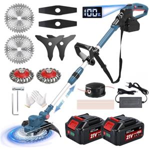 SUAIIOLK Decespugliatore a Batteria, Brushless Tagliabordi a Batteria con 2 Batterie 4,0Ah, Decespugliatore Elettrico con Spazzola per Erbacce, Telescopico Tagliaerba Elettrico per Rifinire Giardini, blu