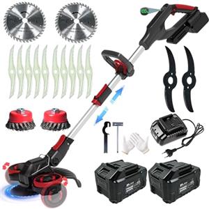 SUAIIOLK Decespugliatore a Batteria, 21V Tagliaerba Elettrico a Batteria Brushless,Tagliabordi a Batteria con 2 4.0Ah Batterie e 4 Tipi di Lame, Decespugliatore Elettrico con Ruote e Spazzola per Erbacce,Nero