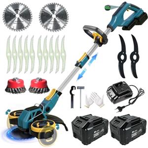 SUAIIOLK Decespugliatore a Batteria, Tagliabordi a Batteria con 2 Batterie e 4 Tipi lame, Decespugliatore Elettrico con Ruote e Spazzola per Erbacce, Tagliaerba Elettrico Brushless, Telescopica Regolabile, Blu