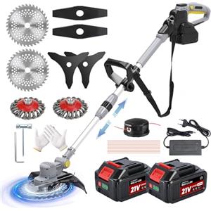SUAIIOLK Decespugliatore a Batteria 21V, Tagliabordi a Batteria 5 In 1 Tagliaerba a Batteria con Spazzola per Erbacce e 2 Batterie 4,0 Ah, Brushless Decespugliatore Elettrico, Maniglia a Scomparsa, Grigio