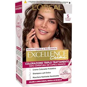 L'Oreal Paris L'Oréal Paris Colorazione Triplo Trattamento Excellence, Con Acido Ialuronico, 100% Copertura Capelli Bianchi, Per Capelli Più Idratati, Castano Chiaro (5)