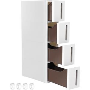 SONGMICS Cassettiera Salvaspazio, Carrello Stretto con 4 Cassetti, Portaoggetti da Bagno, Organizzatore per Cucina, Carrello in PP con Ruote Rimovibili, 45 x 17 x 83 cm, Bianco e Marrone KFR08WT