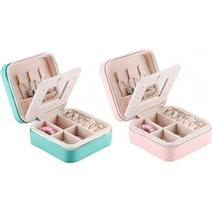 Aucuu Portagioielli in pelle PU, con specchio e mini borsa a doppio strato, per donne e ragazze, rosa e blu