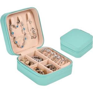 Aucuu Mini portagioie da viaggio in pelle PU a doppio strato per donne e ragazze Anelli, orecchini, collane, bracciali, verde