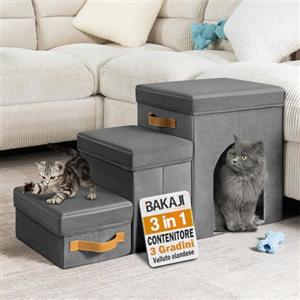 BAKAJI Scale per Cani e Gatti 3in1 Pieghevole in Velluto Olandese Grigio, Scala per Animali Domestici Multifunzione, Scaletta Vano Contenitore e Cuccia Casetta, Gradini Ergonomiche, Fondo Antiscivolo