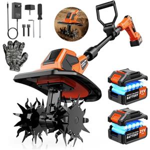 Yospinber Motozappa elettrica da 21 V, con 2 batterie da 3,0 Ah e caricabatterie, larghezza di lavoro 23 cm, profondità 17 cm, Velocità 400 rpm, Motozappa per Orto Elettrozappa, Motozappa per terreni
