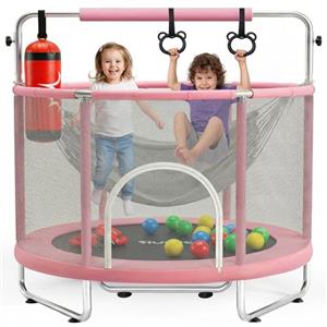 Hurtle Trampolino Elastico per Bambini 140 cm con Rete di Sicurezza, Trampolino da Giardino e Palestra in Casa con Altalena, Sacco da Boxe, Anelli e 20 Palline Giochi Bambini, Blu