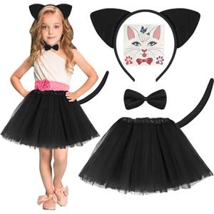ACWOO Gatto Cosplay Set, Kit di 5 Pezzi costume da gatto bambina Tutu Gonna con Cerchietti Gatto Orecchie Adesivi Coda Papillon, per Halloween, Festa di Compleanno Costume, Carnevale Cosplay Party
