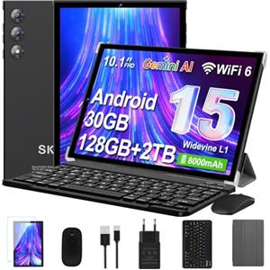 SKYEGG Tablet 10 Pollici Android 15 con Gemini AI, 30GB RAM 128GB ROM+2TB Esp., Octa-Core, WiFi 6 BT 5.0, Widevine L1, Batteria 8000mAh, Fotocamera 8/5 MP, Tastiera Mouse Custodia, Corpo in Metallo - Nero