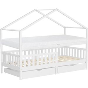 ML DESIGN modern living ML-Design Letto a Casetta per Bambini 90x200 cm in Legno di Pino Bianco con Materasso H16 cm, Sponde di Sicurezza e 2 Cassetti Contenitore, Lettino Montessori a Pavimento, Giroletto Cameretta