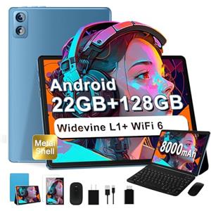 Dghrti 2026 Tablet Android 10 Pollici, 22 GB RAM + 128 GB ROM/TF 2TB, 8000 mAh, CPU 8 core, Face ID, Widevine L1, WLAN 6, BT5.0, GPS, 5 MP+8 MP, Tablet con Tastiera e Mouse -Blu freddo