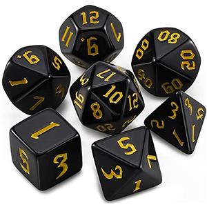 QMAY DND Dice Polyhedral Dice Set - 7 pezzi per Dungeon and Dragons MTG RPG D&D D20, D12, D10, D%, D8, D6, D4 (nero + scritta gialla)