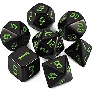 QMAY DND Dice Polyhedral Dice Set - 7 pezzi per Dungeon and Dragons MTG RPG D&D D20, D12, D10, D%, D8, D6, D4 (nero + scritta verde)