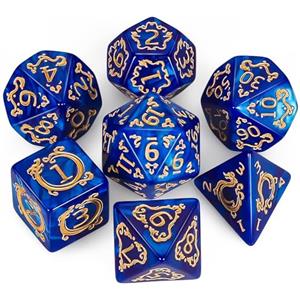 QMAY, Set di dadi poliedrici per Dungeon e Dragons MTG RPG D&D D20, D12, D10, D%, D8, D6, D4 (7 pezzi con motivo drago blu)