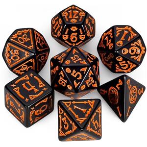 QMAY, Set di dadi poliedrici DND - 7 pezzi per Dungeon and Dragons MTG RPG D&D D20, D12, D10, D%, D8, D6, D4 (Halloween nero)
