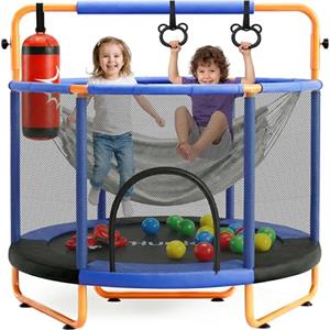 Hurtle Trampolino Elastico per Bambini 140 cm con Rete di Sicurezza, Trampolino da Giardino e Palestra in Casa con Altalena, Sacco da Boxe, Anelli e 20 Palline Giochi Bambini, Blu