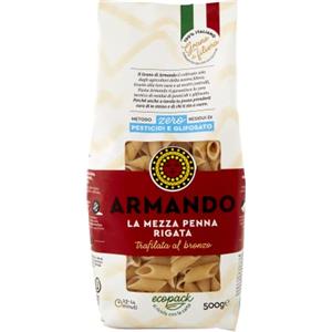 Armando, La Mezza Penna Rigata, Pasta Trafilata al bronzo di Semola di Grano Duro di Filiera 100% Italiano - 1 confezione da 500 gr