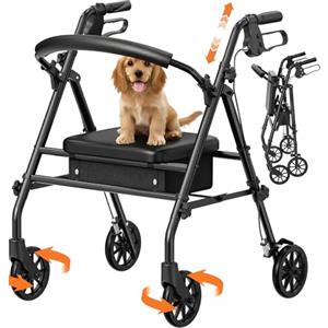 Luckfaith Deambulatore Rollator con Sedile e Spazio di Stoccaggio - Ausilio di Camminata Leggero e Pieghevole a 4 Ruote per Anziani e Disabili, Uso Interno ed Esterno, Nero