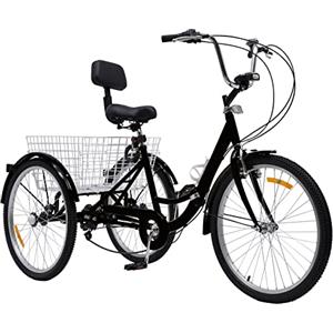 ARBGO triciclo per adulti 24 pollici, cruiser bicicletta con lampada da moto, cestino e riflettori, velocità regolabile, 120 kg, bianco