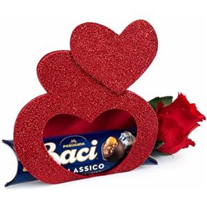OTHERWISETRIVIAL Baci Perugina Regalo Donna, Mamma - Cioccolatino Classico 37,5g con Custodia Glitterata a Forma di Cuore e Rosa Rossa Artificiale, Confezione Regalo | Ideale per Festa della Mamma