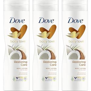 Dove Body Love Lozione Corpo Idratante Restoring Care, Per Pelle Secca, Pelle Morbida e Nutrita, Idratazione Intensa, Con Olio di Cocco e Latte di Mandorla, 3x 400 ml