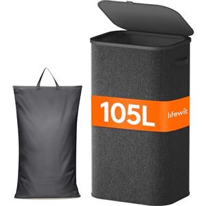 Lifewit Cesto Portabiancheria, Cesta Panni Sporchi con coperchio, Laundry Basket con Plastica Manici, Porta Biancheria Sporca per Bagno, Lavanderia, Camera da Letto, 105 L, Grigio Scuro