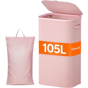 Lifewit Cesto Portabiancheria, Cesta Panni Sporchi con coperchio, Laundry Basket con Plastica Manici, Porta Biancheria Sporca per Bagno, Lavanderia, Camera da Letto, 105 L, Rosa