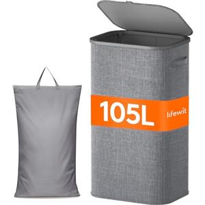 Lifewit Cesto Portabiancheria, Cesta Panni Sporchi con coperchio, Laundry Basket con Plastica Manici, Porta Biancheria Sporca per Bagno, Lavanderia, Camera da Letto, 105 L, Grigio Chiaro